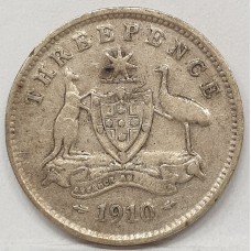 AUSTRALIA 1910 . THREEPENCE . aVERY FINE